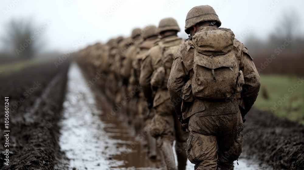 Fototapeta premium soldiers lined up in mud, ready for action. 