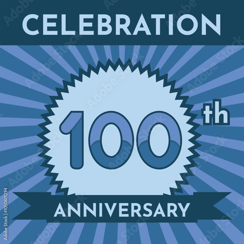 Celebration 100th Anniversary - Blue Layout. Circular Zig Zag Seal with Ribbon on Radial Background. Square Shape.