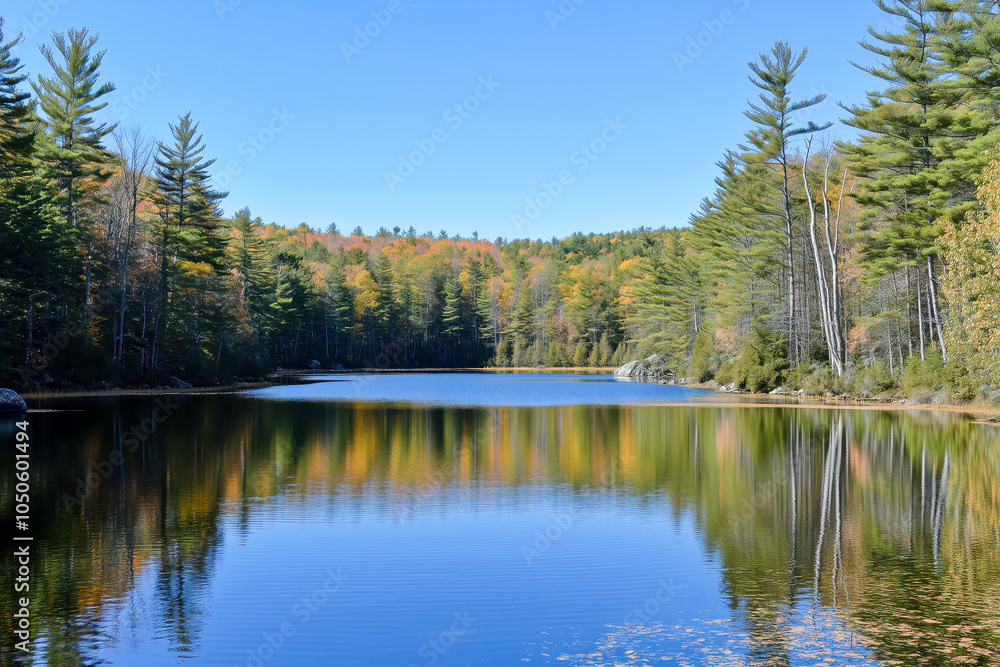 A serene lake surrounded by autumn foliage A serene lake surrounded by autumn foliage