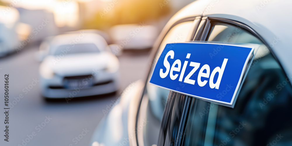 Obraz premium Seized car with blue sticker parked on street, creating sense of chaos