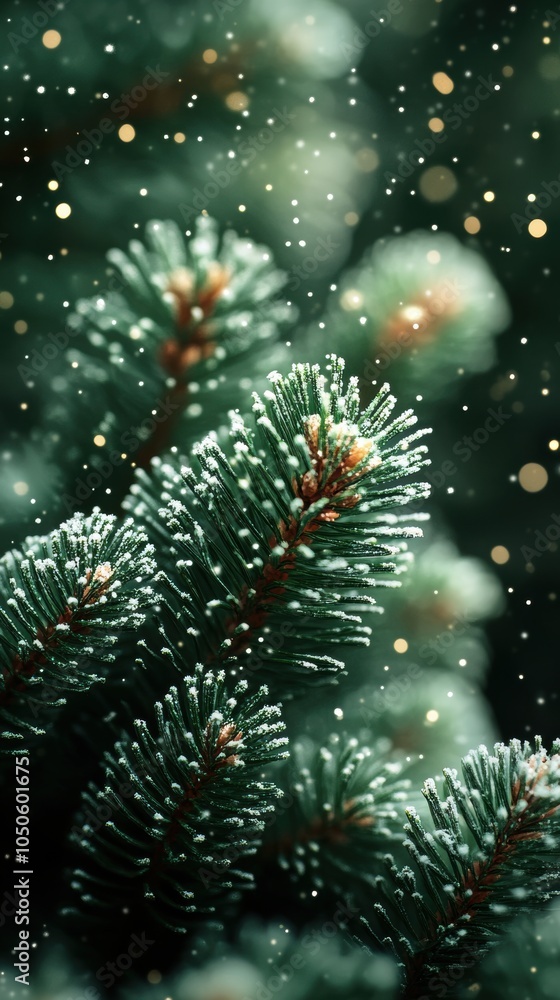 Fototapeta premium snowflakes falling on a pine tree, with a blurred background, close-up