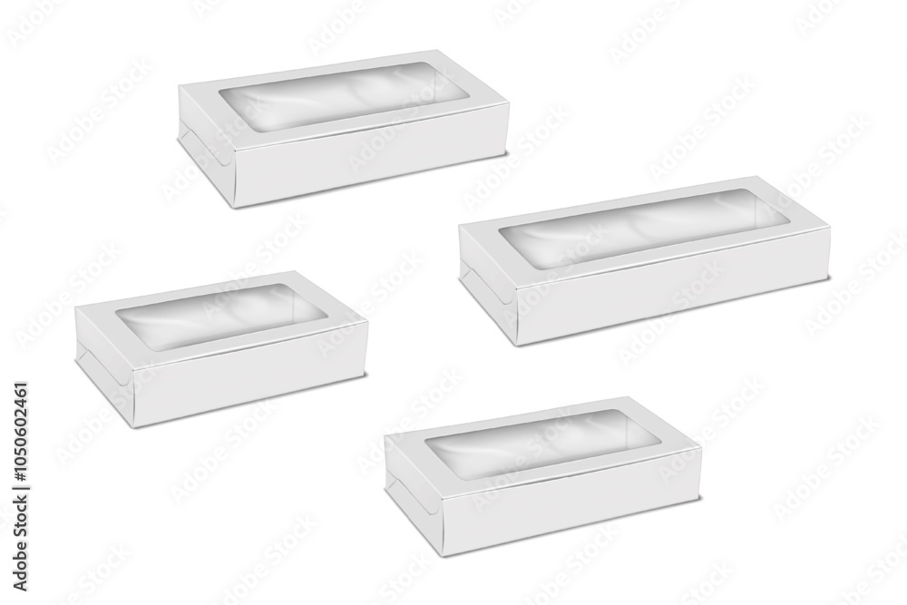 White blank folding paper box with clear plastic window. Set of different sizes. Realistic 3d vector mock-up. Cardboard gift box with transparent lid. Mockup. Paperboard container package template White blank folding paper box with clear plastic window. Set of different sizes. Realistic 3d vector mock-up. Cardboard gift box with transparent lid. Mockup. Paperboard container package template