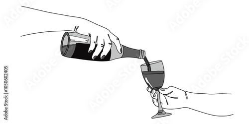 Vector illustration of a hand pouring wine or champagne from a bottle into a wine glass, with droplets and spill details. The image is in grayscale, with simple, clean lines and a minimalist style.