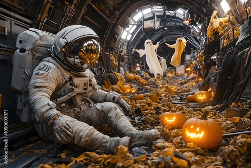 Haunted Astronaut Faces Ghostly Pumpkins in Eerie Space Station