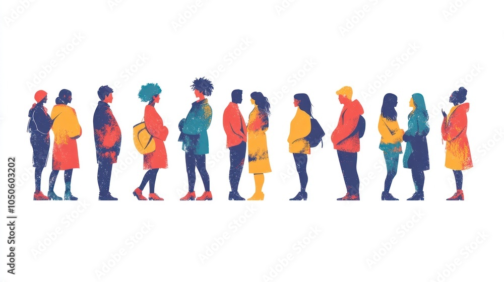 A line of diverse people standing side by side, with a watercolor effect. A line of diverse people standing side by side, with a watercolor effect.