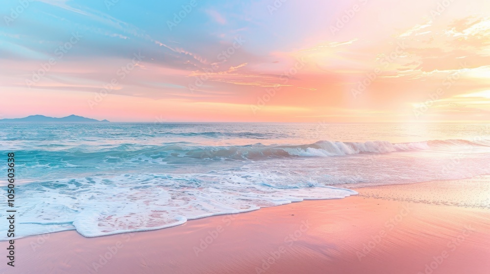 Fototapeta premium A tranquil beach at sunset with pastel-colored skies and gentle waves, Coastal setting with serene ambiance, Pastel style