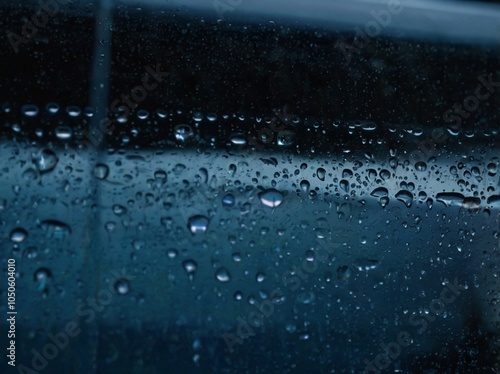 rain-soaked window glistens with tiny droplets cascading down its surface, blurring the view of a distant streetlight, which casts a warm, golden glow amidst the gloomy, overcast evening