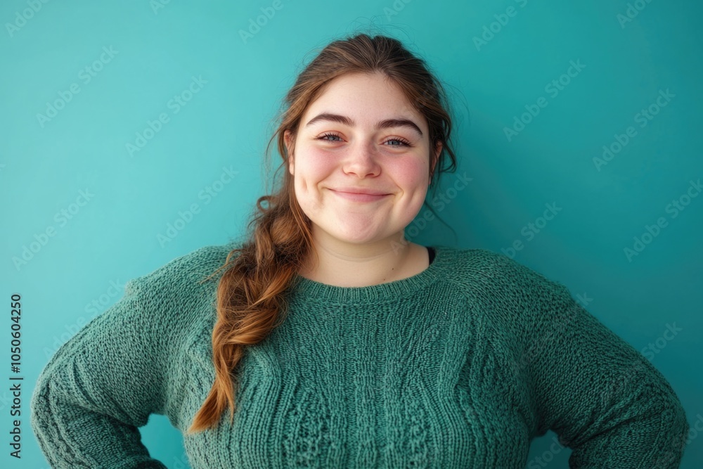 Obraz premium A woman with long hair wearing a green sweater, simple and casual outfit