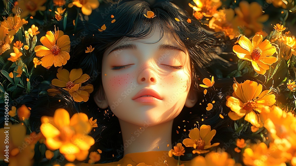 A fantasy-themed cartoon background showcasing a girl with a serene expression, daydreaming under a starry night sky