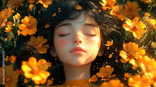 Obraz na płótnie A fantasy-themed cartoon background showcasing a girl with a serene expression, daydreaming under a starry night sky w salonie
