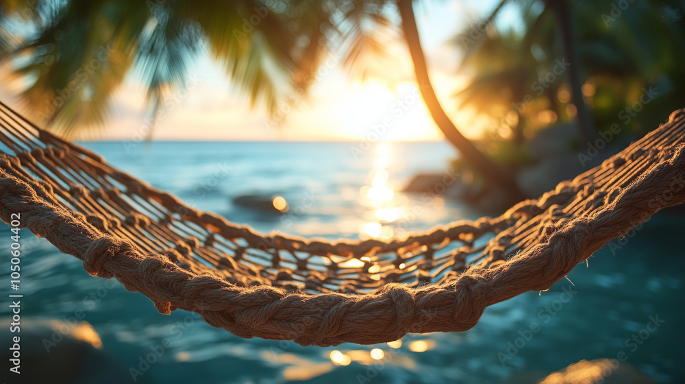 Obraz premium Sea and Ocean Vacation Banner with Hammock and Palm Trees - Copy Space