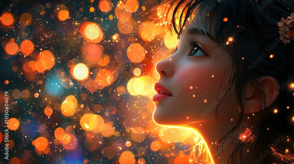 A colorful cartoon scene depicting a dreaming girl lying on a bed of clouds, with vibrant flowers and butterflies around her