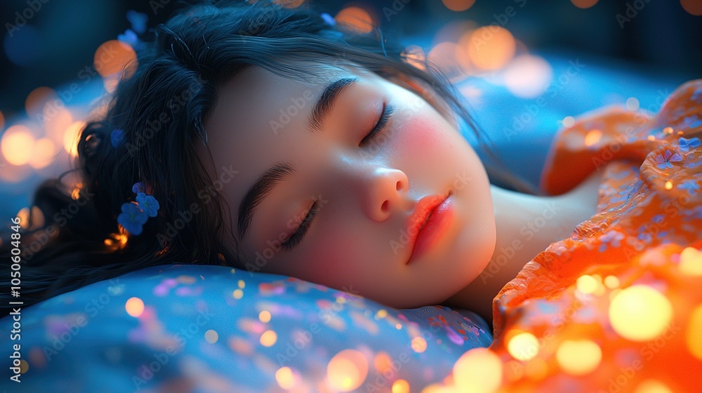 A colorful cartoon scene depicting a dreaming girl lying on a bed of clouds, with vibrant flowers and butterflies around her