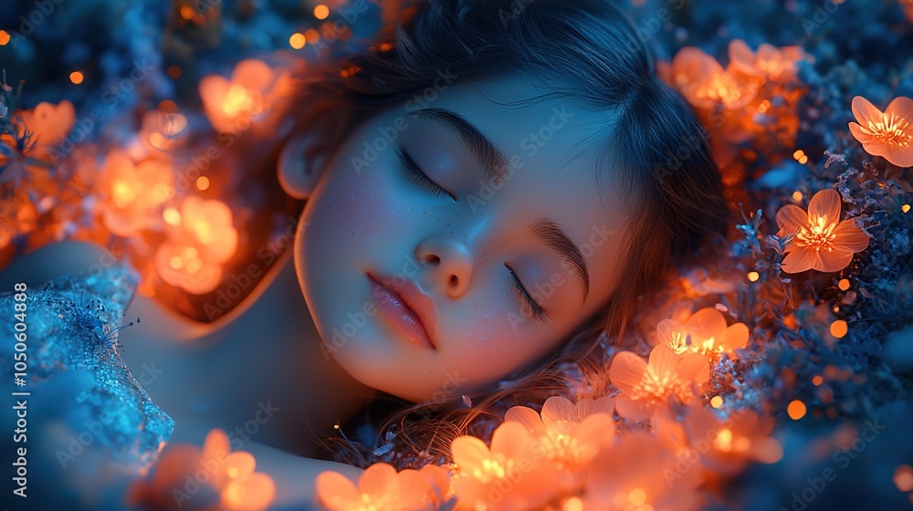 A colorful cartoon scene depicting a dreaming girl lying on a bed of clouds, with vibrant flowers and butterflies around her