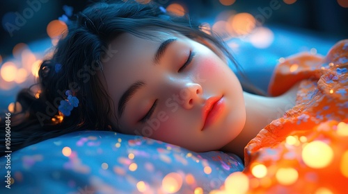 Obraz na płótnie A colorful cartoon scene depicting a dreaming girl lying on a bed of clouds, with vibrant flowers and butterflies around her w salonie