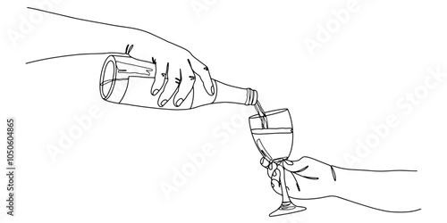 Vector illustration of a hand pouring wine or champagne from a bottle into a wine glass, with droplets and spill details. The image is in grayscale, with simple, clean lines and a minimalist style.
