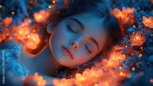 Obraz na płótnie A colorful cartoon scene depicting a dreaming girl lying on a bed of clouds, with vibrant flowers and butterflies around her w salonie