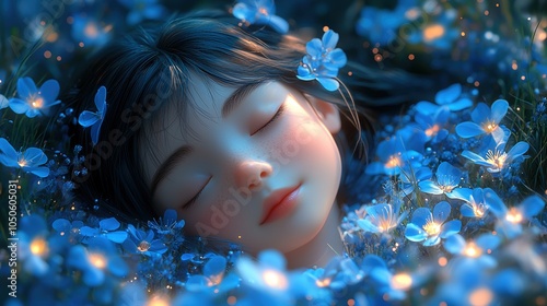 A whimsical cartoon-style background featuring a young girl with dreamy eyes, surrounded by floating stars and clouds