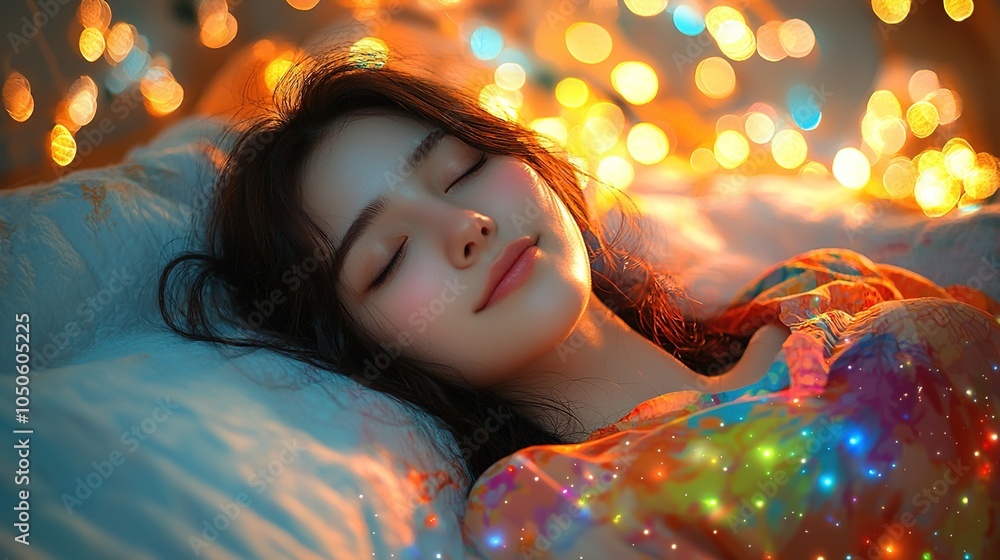 A whimsical cartoon-style background featuring a young girl with dreamy eyes, surrounded by floating stars and clouds