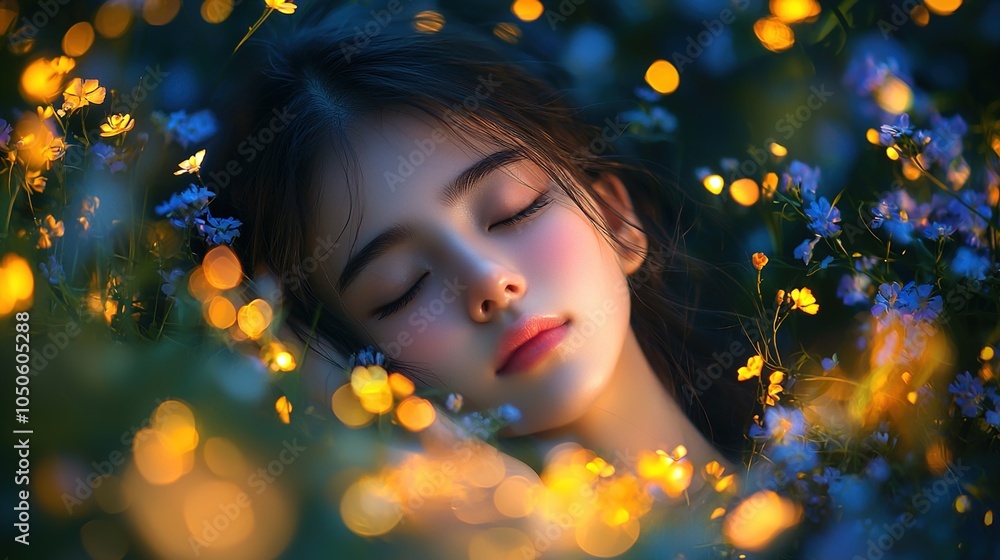 A whimsical cartoon-style background featuring a young girl with dreamy eyes, surrounded by floating stars and clouds