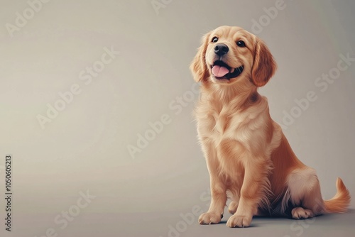 A golden retriever sits on a gray surface