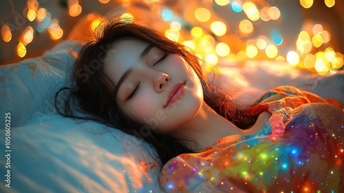 Obraz na płótnie A whimsical cartoon-style background featuring a young girl with dreamy eyes, surrounded by floating stars and clouds w salonie