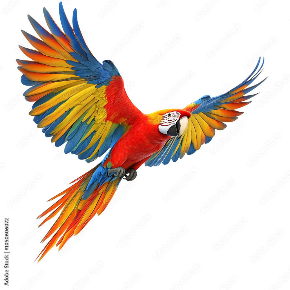 Fototapeta premium A vibrant scarlet macaw with blue and yellow plumage in flight isolated on transparant background. Generative ai