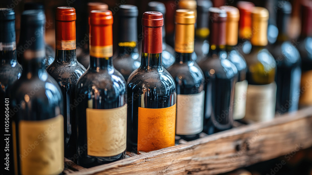 Assorted Wine Bottles on Rustic Wooden Shelf in a Cozy Cellar Setting Assorted Wine Bottles on Rustic Wooden Shelf in a Cozy Cellar Setting