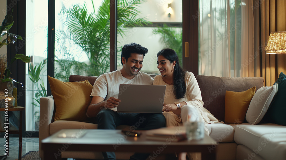 Couple enjoying quality time while laughing and exploring travel destinations from their cozy living room Couple enjoying quality time while laughing and exploring travel destinations from their cozy living room