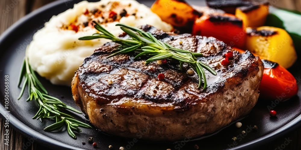 Savory grilled steak served with creamy mashed potatoes and vibrant roasted vegetables on a rustic wooden table Savory grilled steak served with creamy mashed potatoes and vibrant roasted vegetables on a rustic wooden table