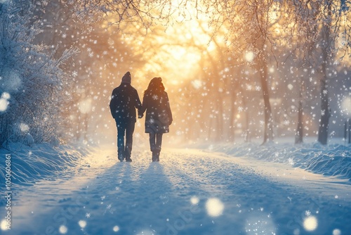 Romantic Winter Walk: Couple Holding Hands in Snowy Forest at Sunset