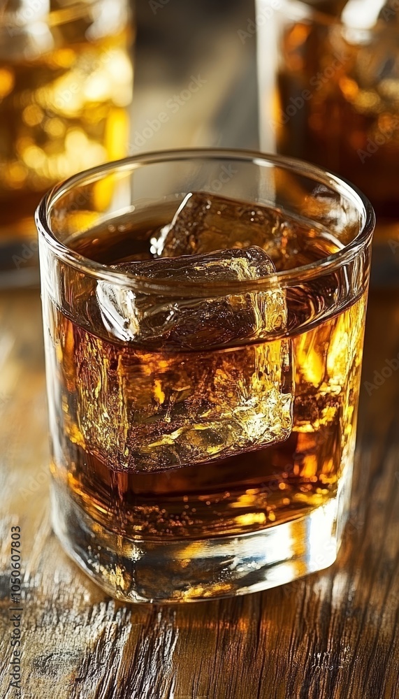 Whiskey on the Rocks Golden Hour Indulgence. Close-up of amber liquor in glasses with ice. Whiskey on the Rocks Golden Hour Indulgence. Close-up of amber liquor in glasses with ice.