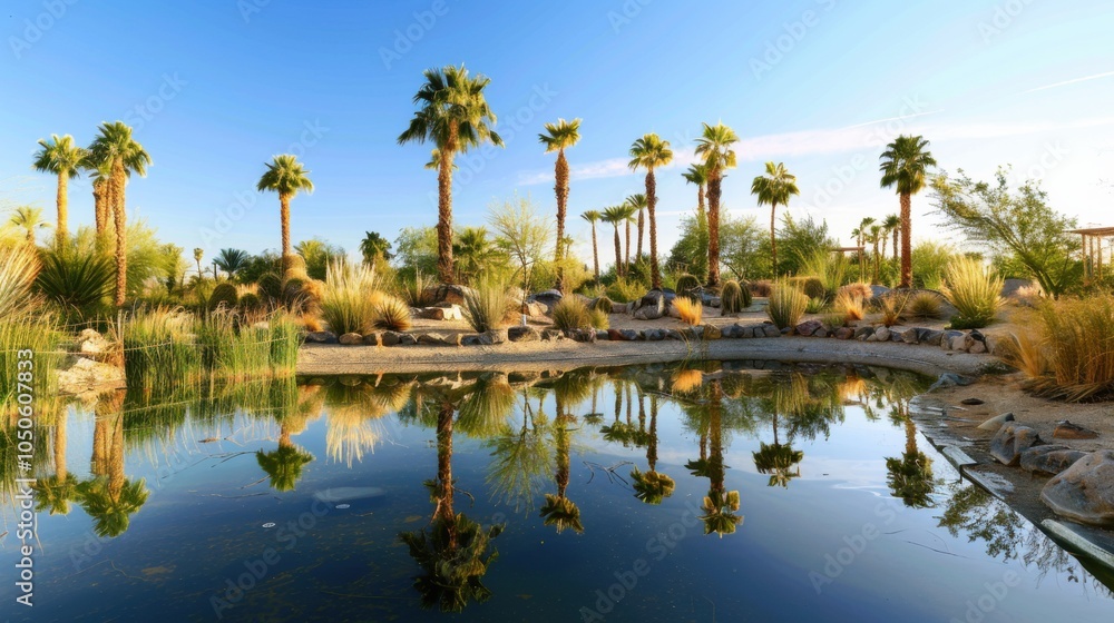 Fototapeta premium A tranquil desert oasis with palm trees and a serene reflecting pool, peaceful setting with warm tones, Desert style