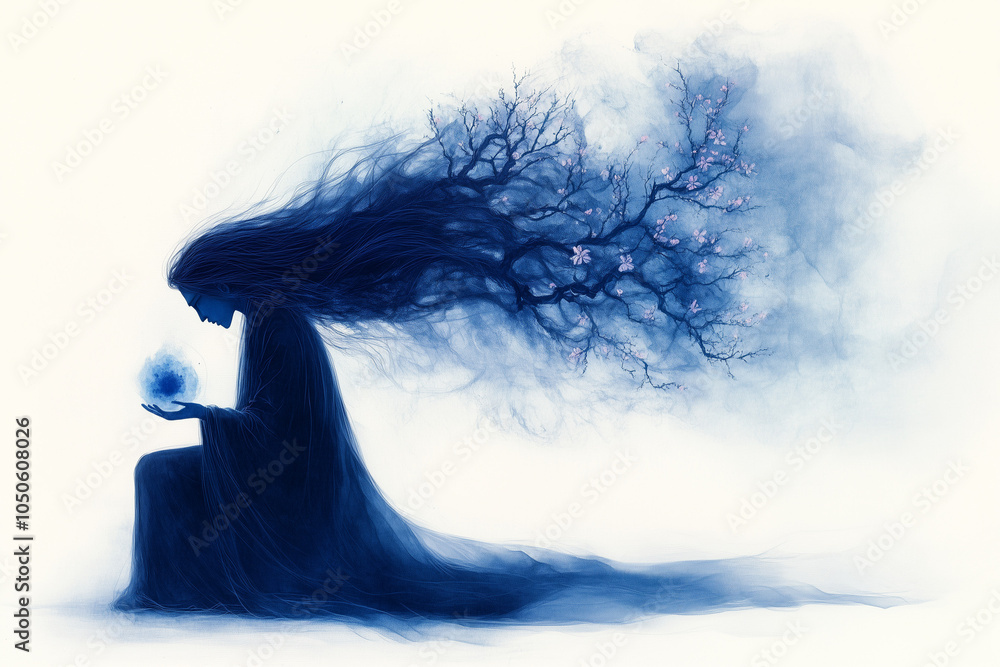 Fototapeta premium Chinese flower ink. Mystical figure with flowing hair holding glowing orb in dark blue dreamlike atmosphere, digital art