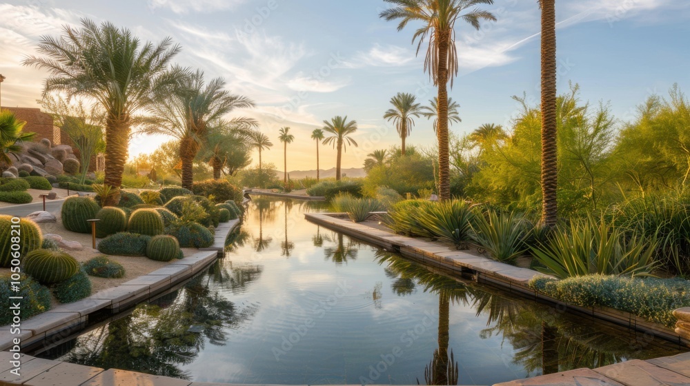 Obraz premium A tranquil desert oasis with palm trees and a serene reflecting pool, peaceful setting with warm tones, Desert style