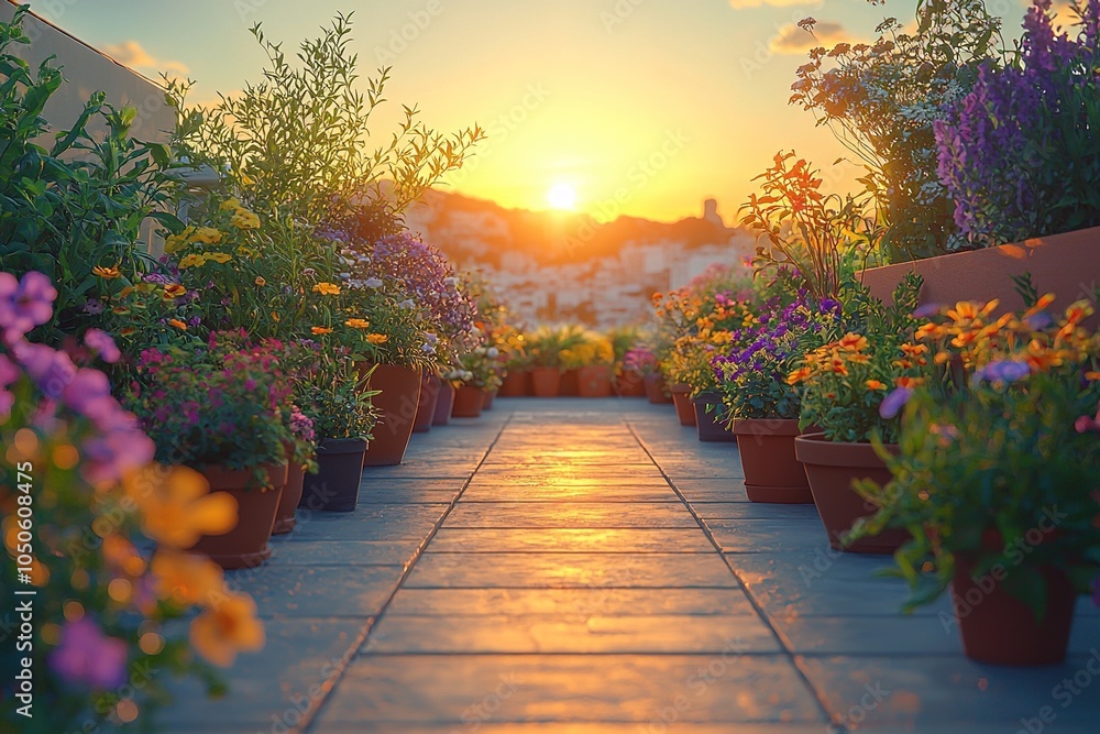 Fototapeta premium Spacious outdoor roof terrace with minimalist design, showcasing an array of vibrant potted plants against a city skyline