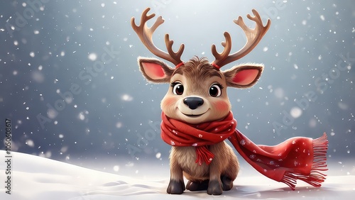 Adorable cartoon reindeer in a red scarf standing on a snow