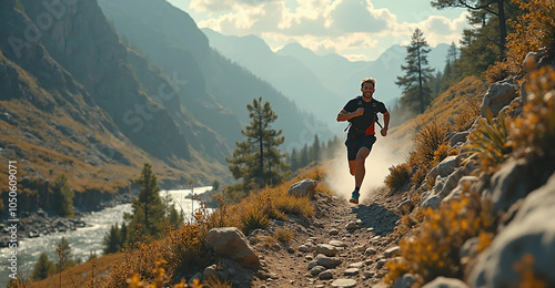 Trail running in the mountains, 16:9 widescreen, 300 dpi, with free space for text