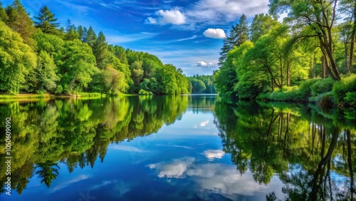 A tranquil lake with lush greenery and tall trees reflected in its glassy surface, forest surroundings, nature, reflection, lake, serene landscape