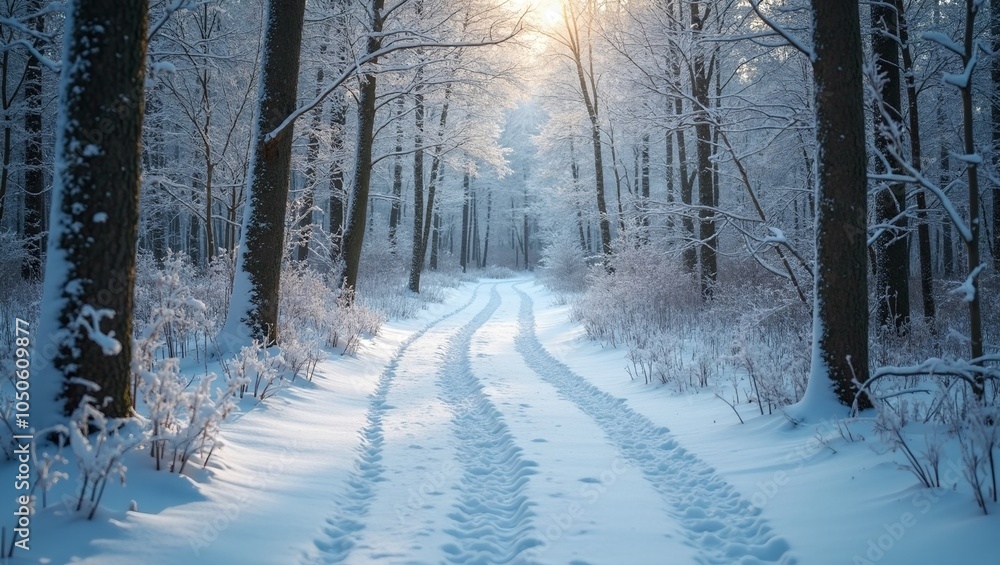 Winter wonderland Snowy path through icy forest with frost covered trees and sparkling icicles Winter wonderland Snowy path through icy forest with frost covered trees and sparkling icicles