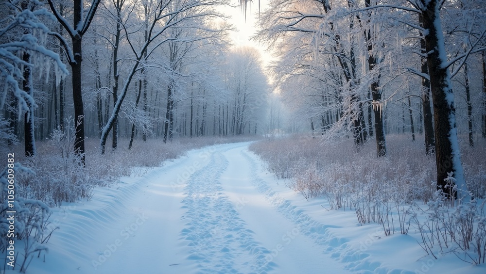 Naklejka premium Winter wonderland Snowy path through icy forest with frost covered trees and sparkling icicles