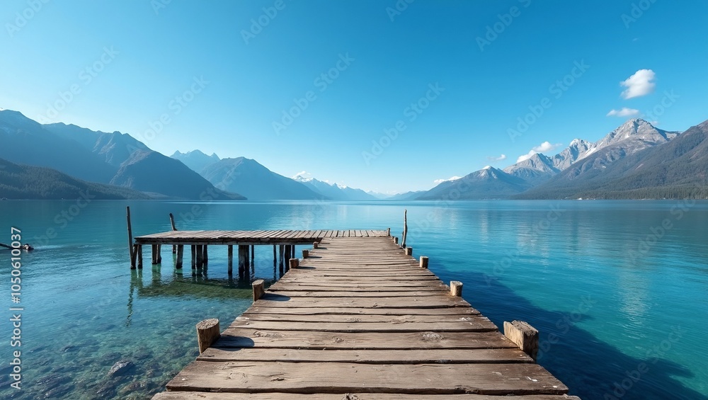 Serene mountain lake scene with rustic wooden pier Serene mountain lake scene with rustic wooden pier