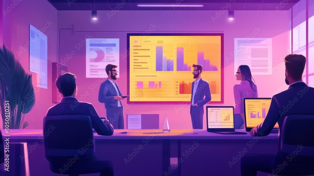Business meeting in a modern office with a team discussing data on a screen. Business meeting in a modern office with a team discussing data on a screen.