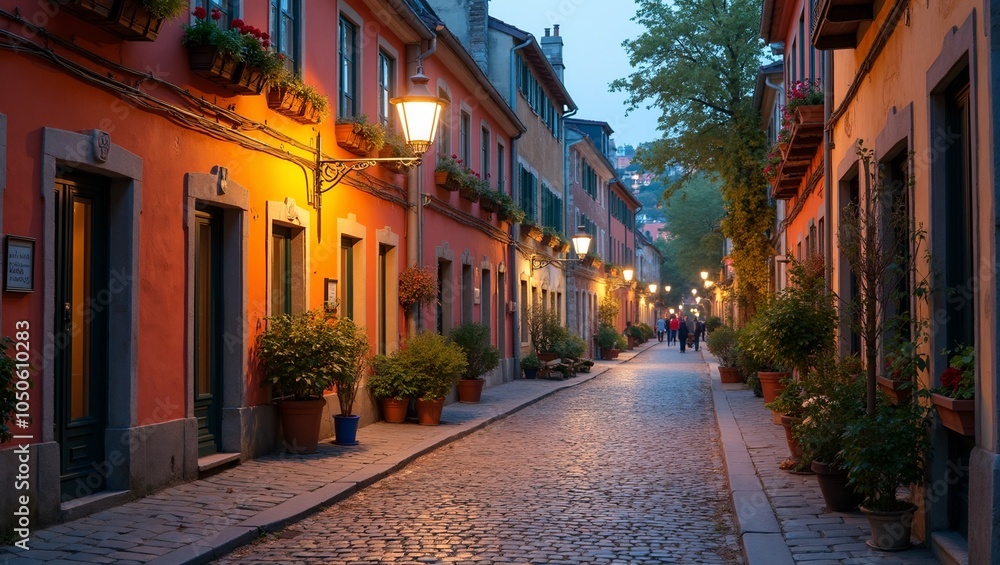 Obraz premium Charming cobblestone street with colorful buildings flower boxes and street lamps at dusk