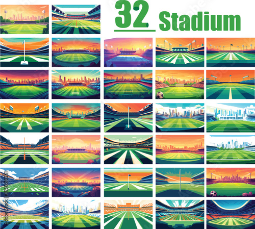 32 Stadium Illustrations Collection - Vibrant Football and Soccer Arenas with Cityscape Backgrounds