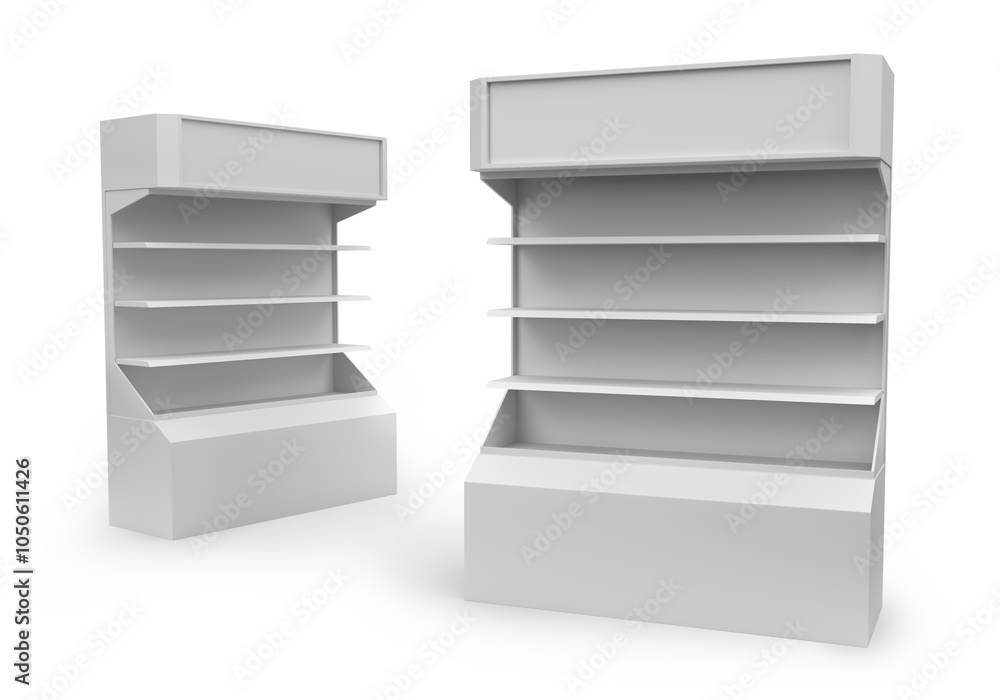 Obraz premium Supermarket Promotional Display Rack, Empty Product Display, PDQ Display Box With Two Different View, Floor Stand Display. 3D Render Illustration. 