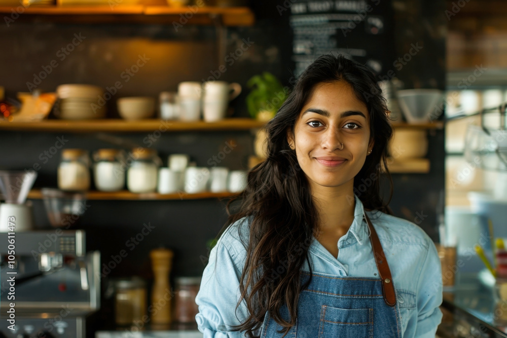 Friendly barista young dark-skinned woman smiling in cozy coffee shop with rustic decor Friendly barista young dark-skinned woman smiling in cozy coffee shop with rustic decor