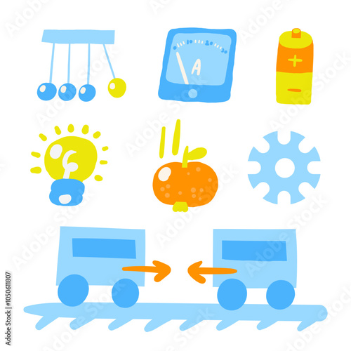 Cute science theme composition, icons with funny hand drawn doodle atom, bulb, gravitation apple, electric tool, mechanics, pendulum, ammeter, battery. School, science, education objects set