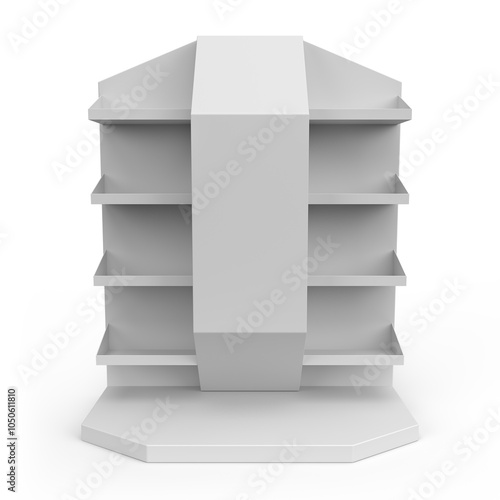Supermarket Promotional Display Rack, Empty Product Display, PDQ Display Isolated on White Background, Floor Stand Display. 3D Rendered.