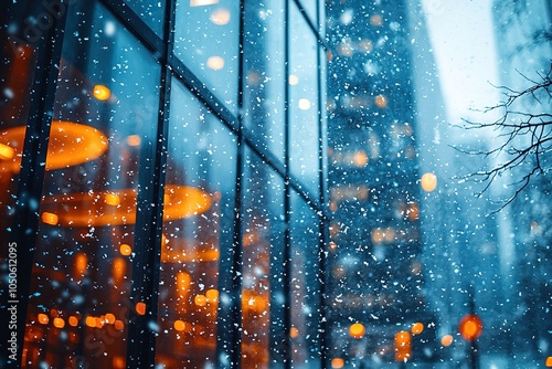 Snow-covered streets and skyscrapers as fluffy white snowflakes fall, capturing the essence of winter in the city